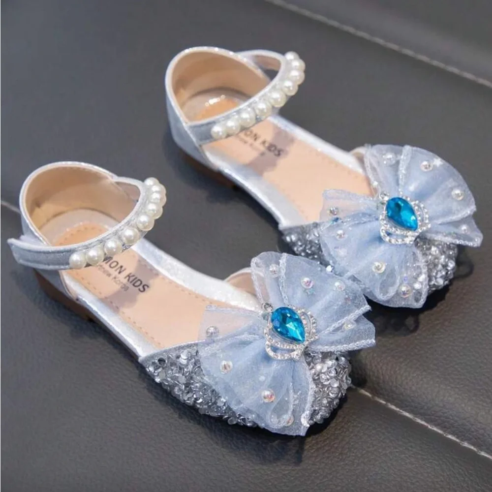 Girls Blue Pearl Princess Bow Dress Shoes - Kids